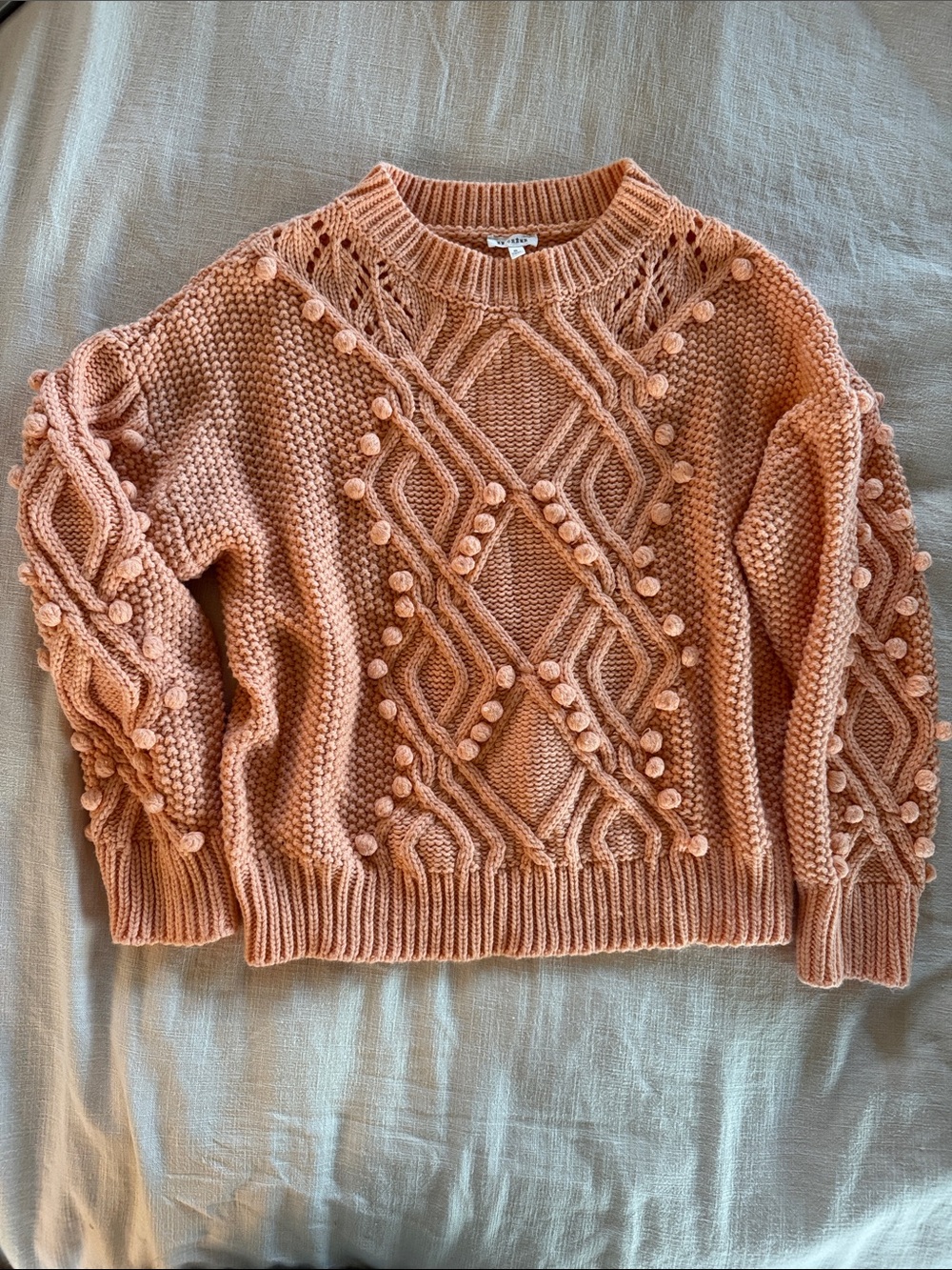 En Creme Peach Pom-Pom Cable Knit Crewneck Sweater